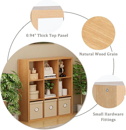 Cube Storage Organizer Bookcase, Decorative 11 inch Open Back Cubical Shelf with Thickened Border, Display Bookshelf for Living Room, Home Office, Sturdy Room (Natural Oak, 9 Cube)