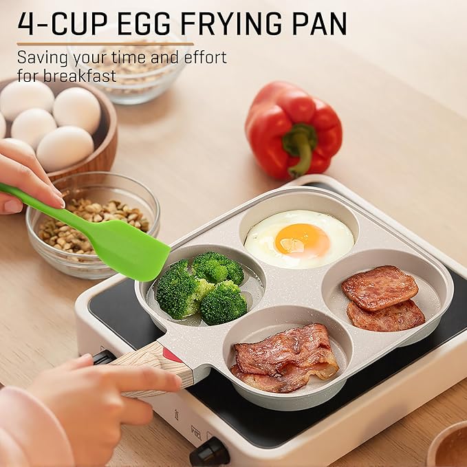 MyLifeUNIT Egg Frying Pan, 4-Cup Egg Pan Nonstick, Fried Egg Pan Skillet for Breakfast, Pancake, Hamburger, Sandwiches, Suitable for Gas Stove & Induction Cookware(White)