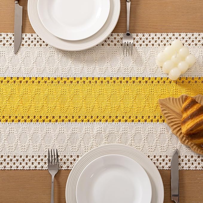 Socomi Boho Table Runner Macrame Valentine's Day Farmhouse Woven Cotton Linen Rustic Coffee Table Runner with Tassels for Dresser Scarf Home Decor Dining Room 12x90 inYellow Gold Ivory