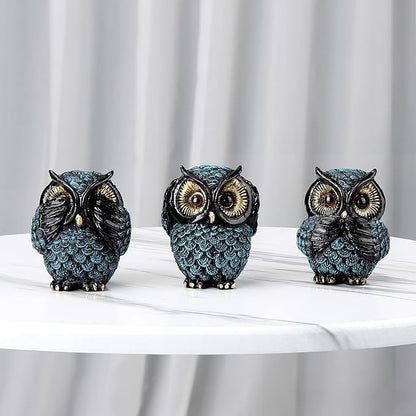Owl figurine and sculptures for shelf decor accents,3 wise Owl statue for living room bedroom decoration,Retro animal decor,boho gift for women bird lover,see no evil hear no evil speak no evil