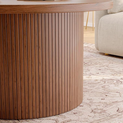 ONBRILL 31.5" Round Coffee Table, Tambour Design Coffee Tables for Living Room, Mid Century Modern Wood Coffee Table, Drum Accent Small Center Table, Walnut