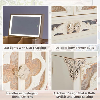 Large Makeup Organizer Countertop with LED Mirror, Vintage Cosmetic Storage Box with Drawers & Side Compartments, Dustproof Skincare Organizer for Vanity, Elegant Gift for Women(White)