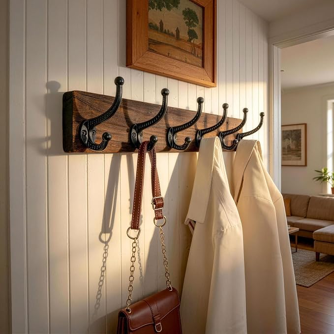 WEBI Rustic Coat Rack Wall Mount,24" Long 6 Cast Iron Coat Hooks Wall Mounted,Heavy Duty Wood Wall Coat Hanger Hooks for Hanging Coats,Jacket,Clothes,Backpack,Farmhouse,Weathered Brown,2 Packs