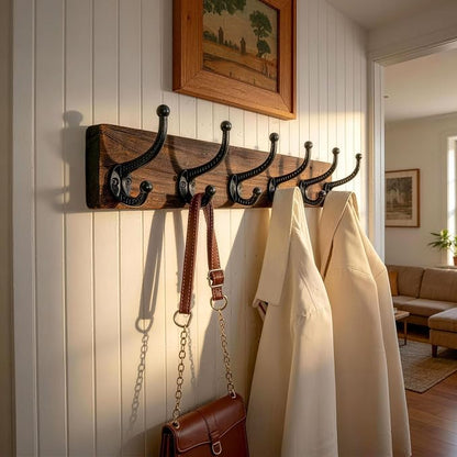 WEBI Rustic Coat Rack Wall Mount,24" Long 6 Cast Iron Coat Hooks Wall Mounted,Heavy Duty Wood Wall Coat Hanger Hooks for Hanging Coats,Jacket,Clothes,Backpack,Farmhouse,Weathered Brown
