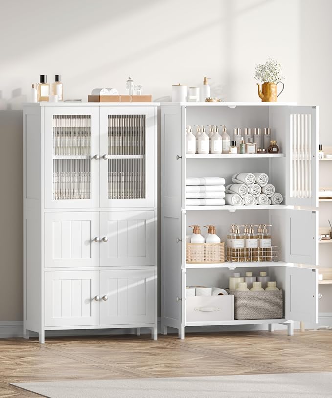 Akxomel 43.3'' H Bathroom Storage Cabinet, Bathroom Floor Cabinet with 6 Doors, Linen Cabinet with Transparent Doors, Modern Bathroom Cabinet for Living Room, Kitchen, Entryway, White