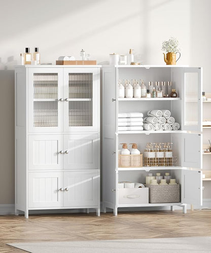 Akxomel 43.3'' H Bathroom Storage Cabinet, Bathroom Floor Cabinet with 6 Doors, Linen Cabinet with Transparent Doors, Modern Bathroom Cabinet for Living Room, Kitchen, Entryway, White