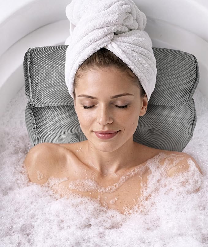 Everlasting Comfort Luxury Bath Pillows for Tub with Head and Neck Support - Non-Slip Bathtub Pillow with Suction Cups, Quick-Drying Mesh & Drying Hook - Jacuzzi & Spa Accessories for Women - Gray