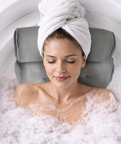 Everlasting Comfort Luxury Bath Pillows for Tub with Head and Neck Support - Non-Slip Bathtub Pillow with Suction Cups, Quick-Drying Mesh & Drying Hook - Jacuzzi & Spa Accessories for Women - Gray