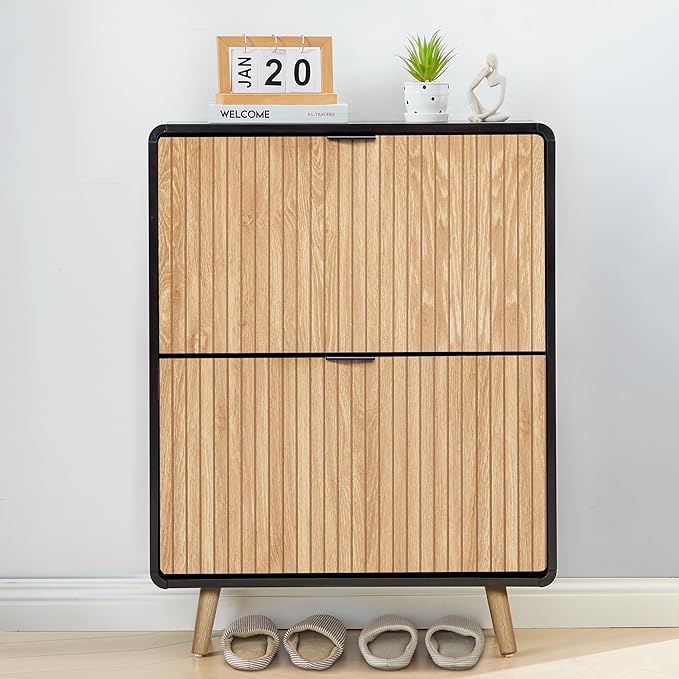 Narrow Shoe Cabinet Storage for Entryway,Slim Shoe Cabinet with 2 Flip Drawers, Fluted Shoes Rack Organizer (Natural with Black, 2 Drawers)