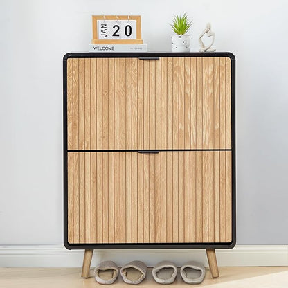 Narrow Shoe Cabinet Storage for Entryway,Slim Shoe Cabinet with 2 Flip Drawers, Fluted Shoes Rack Organizer (Natural with Black, 2 Drawers)