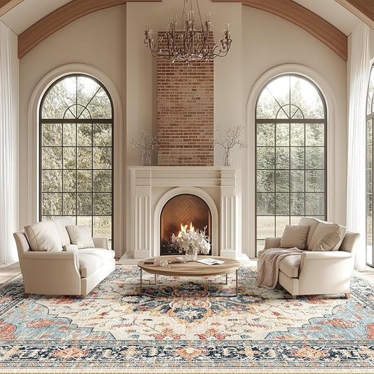RELEANY Area Rugs Large 10'x14' Washable Non-Slip, Floral Vintage Distress Medallion Carpet for Living Room Bedroom Dining Room, Beige Navy Blue Orange Colorful