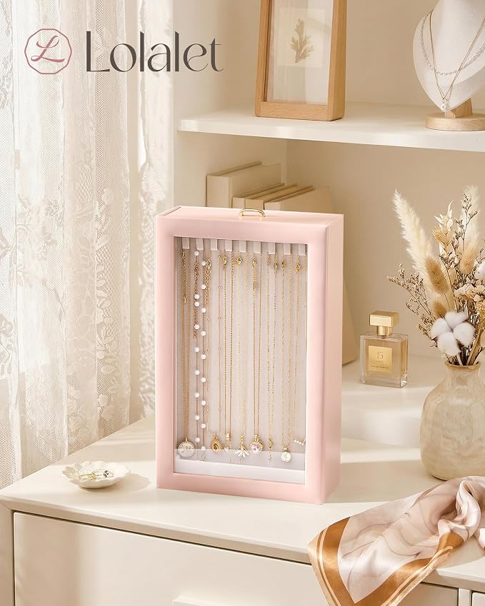 Lolalet Upgraded Double-Sided Hanging Necklace Organizer Box, Jewelry Display Case with Double-Sided Clear Window for Necklaces Bracelets, Tangle-Free Necklace Storage Box, Pink, 1-Layer 20 Hooks