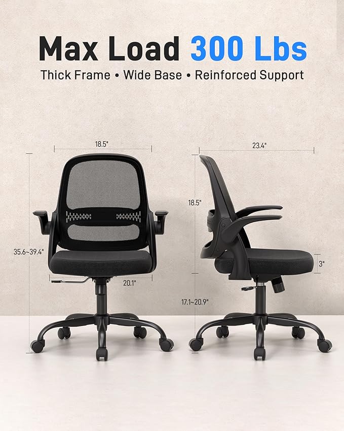 Ergonomic Mesh Office Chair for Home Office, Flip-Up Arms, Breathable Mesh Back & Thick Seat Cushion, Swivel Rolling Computer Desk Chair, BIFMA Certified, Supports 300 lbs (Black Frame/Black Seat)