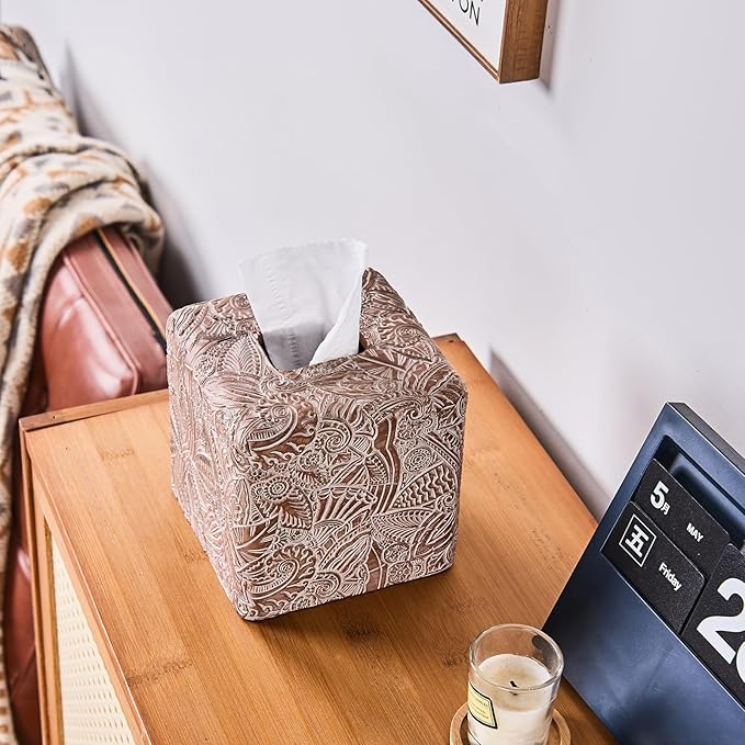 Tropical Leaves Vintage Wood Carved Square Tissue Box Cover Decorative,Tissue Box Holder, Facial Paper Holder for Bathroom Vanity Countertop, Bedroom Night Stand,Office and End Table, Rustic Brown