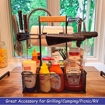 Geesta Grill Caddy for Outdoor Grill, BBQ Picnic Camping Caddy with Paper Towel Holder & Magnetic Tool Holder, Condiment Storage Utensil Kitchen Organizer for RV Camper, Tailgate Accessories