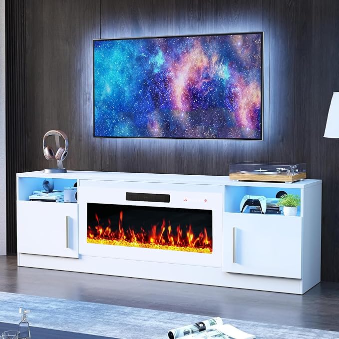PRETZI Fireplace TV Stand with 36" Fireplace Up to 80" TVs,70" Entertainment Center with LED Lights,Remote Control,TV Media Console with Storage Cabinets for Living Room, White+White