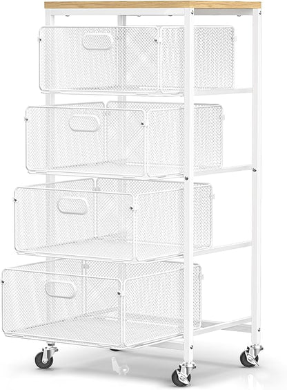 SUNALLY Rolling Kitchen Cart with Drawers, 4-Tier Utility Cart Fruit Vegetable Storage Cart with Lockable Wheels, Wooden Top Metal Kitchen Storage Organizer for Cans, Snacks, Beauty, Craft, Art, White