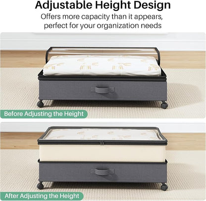 Kitstorack 4 Pack Height-adjustable Under Bed Storage with Wheels, Under Bed Storage Containers,Under Bed Shoe Storage Organizer with Clear Window&Label, Suitable for Clothes Storage, Beige & Gray