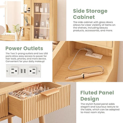 Fluted Makeup Vanity with Mirror and Lights,5 Drawers Glass Top Vanity Desk with Glass Door Cabinet,Power Outlet,6 Shelves,9-Grid Organizer,Lighting Adjustable Dressing Table,Natural Oak