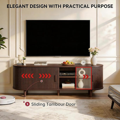 58" Mid Century Modern TV Stand with Power Outlet, Fluted Entertainment Center with Storage and Adjustable Shelves, Wood TV Console with Sliding Doors for Living Room, Walnut