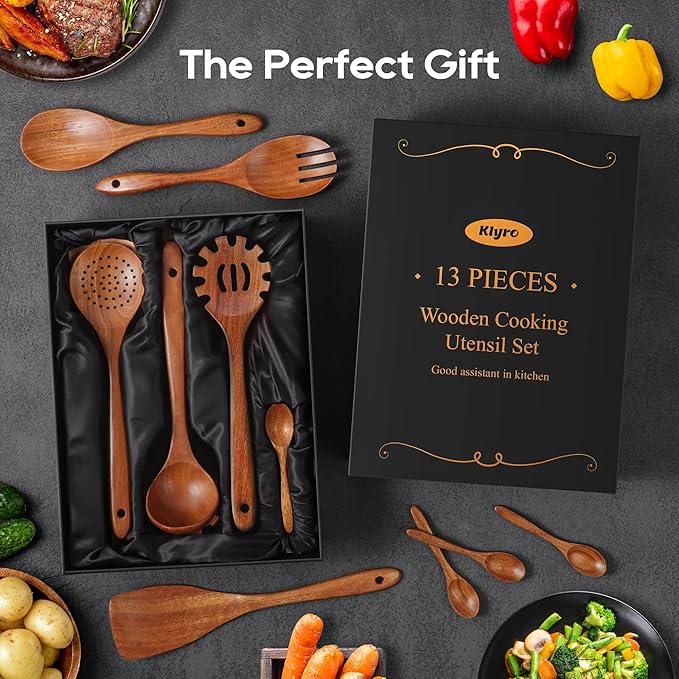 KLYRO 13 Pcs Wooden Cooking Utensil Set with Gift Box – Natural Wooden Spoons for Cooking & Serving, Nonstick Friendly, Perfect Housewarming & Holiday Gift