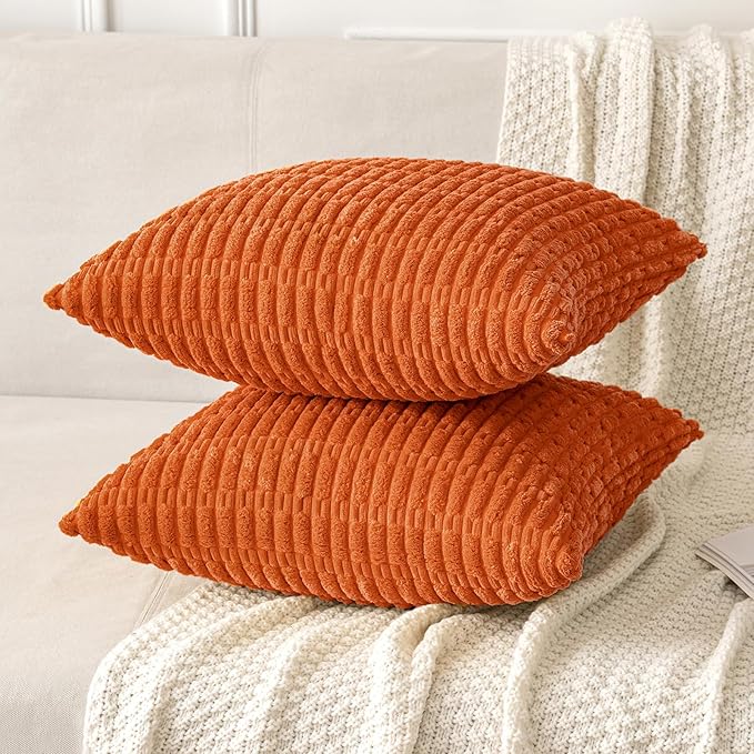 MIULEE Pack of 2 Orange Corduroy Decorative Euro Sham Pillow Covers 22x22 Inch Soft Boho Striped Throw Pillow Covers Modern Farmhouse Home Decor for Summer Sofa Living Room Couch Bed