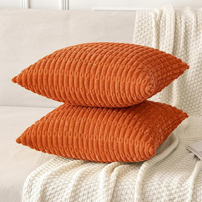 MIULEE Pack of 2 Orange Corduroy Decorative Euro Sham Pillow Covers 22x22 Inch Soft Boho Striped Throw Pillow Covers Modern Farmhouse Home Decor for Summer Sofa Living Room Couch Bed