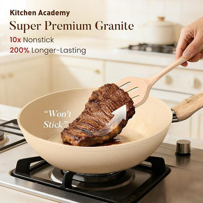 Kitchen Academy Beige Pots and Pans Set Non Stick, 12Pcs Induction Cookware | Even heating, easy to clean granite. Healthy kitchen cooking experience. 100% PFOA & PFAS free.