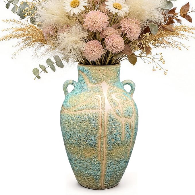 Large Ceramic Flower Vase, 9.8 Inch Tall Rustic Farmhouse Table Vase with 2 Handles, Handcrafted Glaze Textured Home Décor for Living Room, Bedroom, Bookshelf, Mantel, or Office