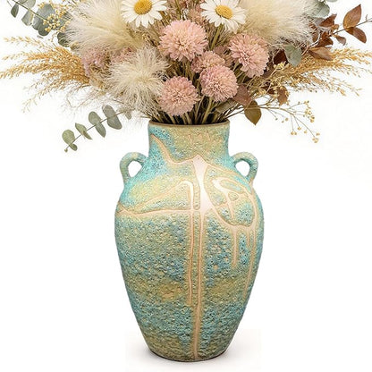 Large Ceramic Flower Vase, 9.8 Inch Tall Rustic Farmhouse Table Vase with 2 Handles, Handcrafted Glaze Textured Home Décor for Living Room, Bedroom, Bookshelf, Mantel, or Office
