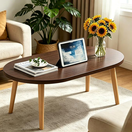 Coffee Table Low Table with Solid Wood Legs, 31.5x19.7 Large Coffee Table Side Table, Floor Table Desk for Sitting on The Floor, Living Room Furniture for Office Apartment Home, Oval Walnut