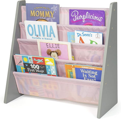 Humble Crew 4-Tier Kids Bookshelf, Grey Wood/Pink - Premium Book Shelf for Kids Rooms with Four Deep Pockets - Toddler Sling Book Rack with Deep Sleeves, Nursery Bookcase Organizer