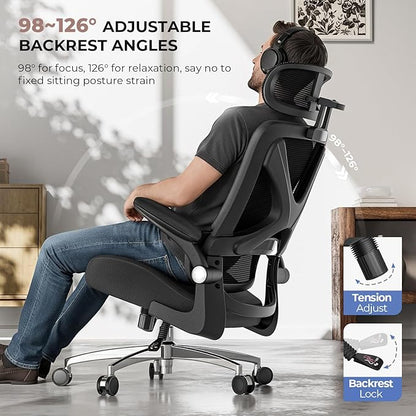 Ergonomic Office Chair with Headrest, Lumbar Support, Flip-Up Armrests, Thick Memory Foam Seat - 350lbs Capacity, Adjustable Height for Big & Tall, Perfect for Home Office Studios