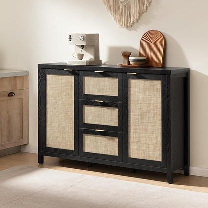 SICOTAS Rattan Sideboard Buffet Coffee Bar Cabinet with Storage - 52" Larger Farmhouse Credenza Storage Cabinet with 3 Drawers and 2 Doors, Boho Console Table for Living Room, Kitchen, Black Oak