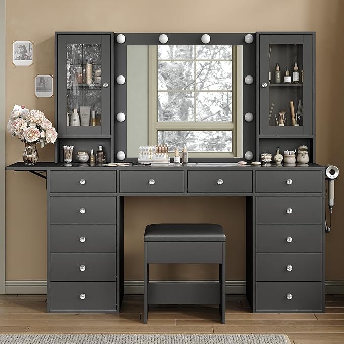 Vanity with Power Outlet, Vanity Desk with Mirror and 10 LED Lights, Makeup Vanity with 12 Drawers and 2 Cabinets, Fold-up Panel, Glass Top Dressing Table with Chair for Bedroom, Black