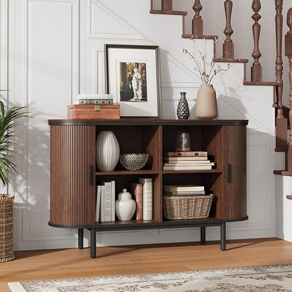 QUW Console Table with Sliding Tambour Doors, 47" TV Stand with Storage & Adjustable Open Shelves for TVs up to 55", Modern Entryway Table for Living Room, Foyer, Hallway, Dark Walnut