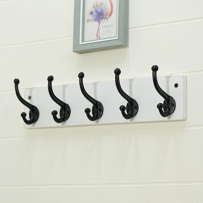 WEBI Rustic Coat Rack Wall Mount,5 Cast Iron Coat Hooks Wall Mounted,Heavy Duty Wall Coat Hanger,Vintage Hooks for Hanging Coats,Clothes,Black on White