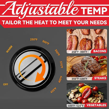 Family-sized Contact Grill, 6-Serving Electric Indoor Grill with Adjustable Temp Control, Ceramic Coating, 1500W, Silver