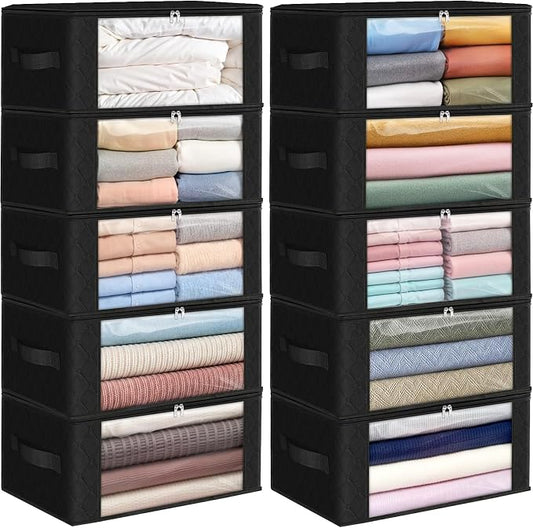 Fab totes 35L Closet Organizers and Storage, Foldable Under Bed Storage Containers, Storage bags for Organizing Bedroom, Closet, Clothing,Organization with Handle (10 Pack,Black)