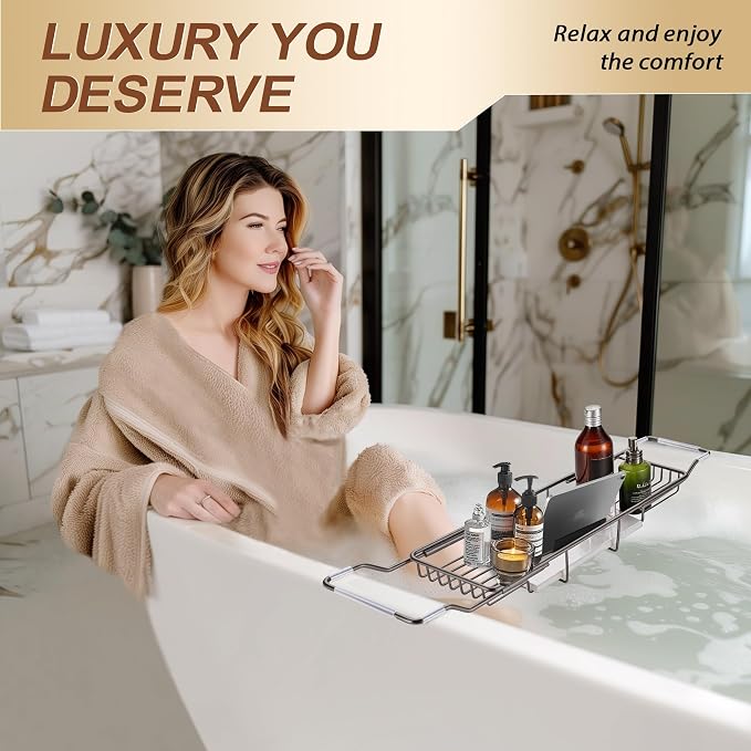 BVL Bathtub Tray Stainless Steel with Marble Base Gun Gray Bathtub Tray with White Marble Base Adjustable & Rustproof Bath Caddy for Spa, Relaxation, Bath Bombs