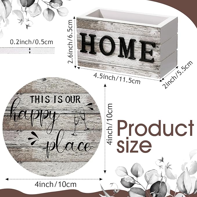 Queekay Coasters Set of 6 House Warming Gifts New Home Wooden Farmhouse Drink Coasters with Holder 4'' Funny Decoration for Kitchen Family Coffee Bar Tabletop Protection(Wood Color)