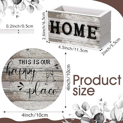Queekay Coasters Set of 6 House Warming Gifts New Home Wooden Farmhouse Drink Coasters with Holder 4'' Funny Decoration for Kitchen Family Coffee Bar Tabletop Protection(Wood Color)