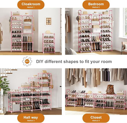 WOWLIVE 9 Tiers Shoe Rack Shoe Storage Shoe Organizer 50-55 Pairs Shoe Tower Unit Shelf Durable Metal Pipes with Plastic Connectors Stackable Cabinet Pink