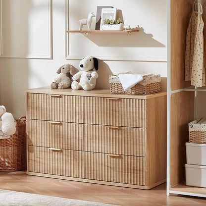 LEYAOYAO Fluted 6 Drawers Dresser, 48" Wide Modern Chest of Drawers with Wood Grain Top, Curved Profile Design, Dresser TV Stand, Wood Drawer Organizer for Bedroom, Living Room, Hallway,Natural