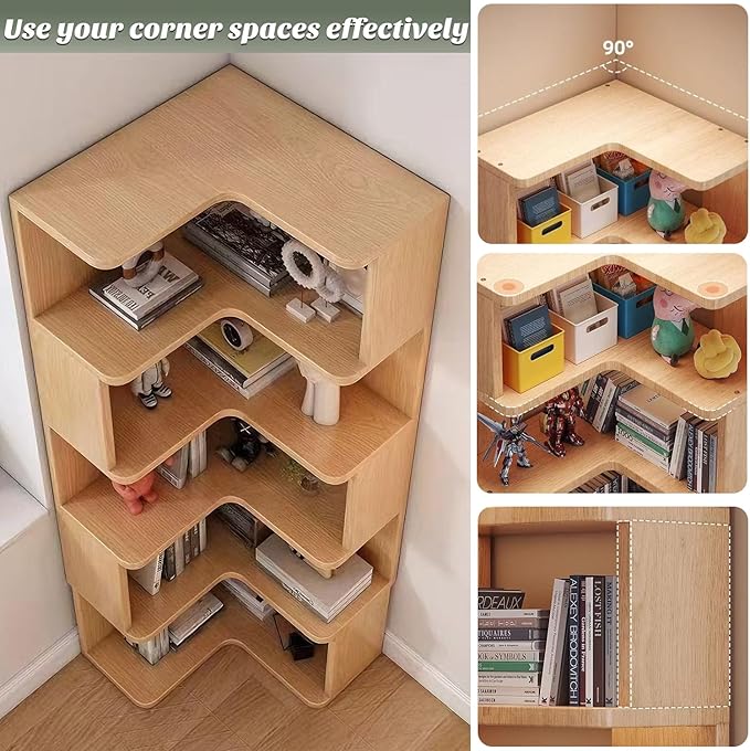 ALKSDNQ Corner Bookshelf, 3 Tier Corner Book Shelf Etagere Bookcase with Baffle, Freestanding L Shaped Display Shelf Stand for Home Office, Living Room, Bedroom, Brown