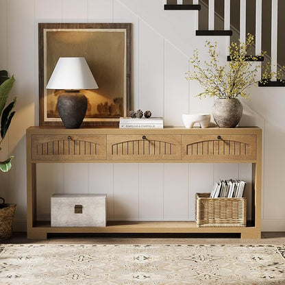 LITTLE TREE 70.8-Inch Long Console Table with 3 Drawers, Farmhouse Narrow Entryway Table for Hallway, Entry, Behind Couch, Sofa, Entrance, Living Room, Foyer with 2-Tier Shelves, Light Brown