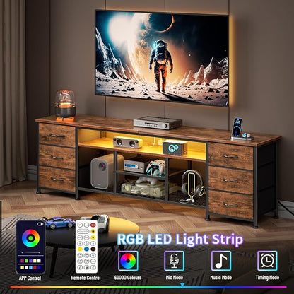 Furologee LED TV Stand for 65, 70 Inch TV, 63 Inch Entertainment Center with Power Outlets, 6 Fabric Drawers Dresser for Bedroom, Media Console with Open Shelves, Rustic Brown