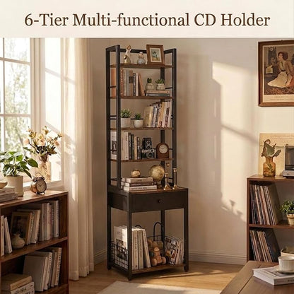CD Storage Rack, 6-Tier DVD Organizer Shelf with Drawer & Adjustable Book Stoppers, Vinyl Record Holder &Multi-Purpose Media Organizer, Ideal for Living Room/Home Office,15.7x11.8x64.3Inch