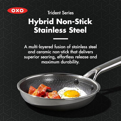 OXO Hybrid 8” Nonstick Stainless Steel Frying Pan, Durable PFAS-Free Ceramic Skillet, Stay-Cool Handle, Induction & All Cooktop Compatible, Dishwasher Safe, Mirror Polished Tri-Ply