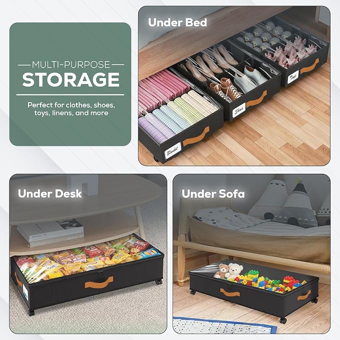 Under Bed Storage with Wheels, 2 Pack (36L Each)| Low Profile Storage Organizer with Clear Window, Double Zipper & 360° Locking Wheels – Rolling Metal Drawer for Clothes, Shoes, & More (Black)